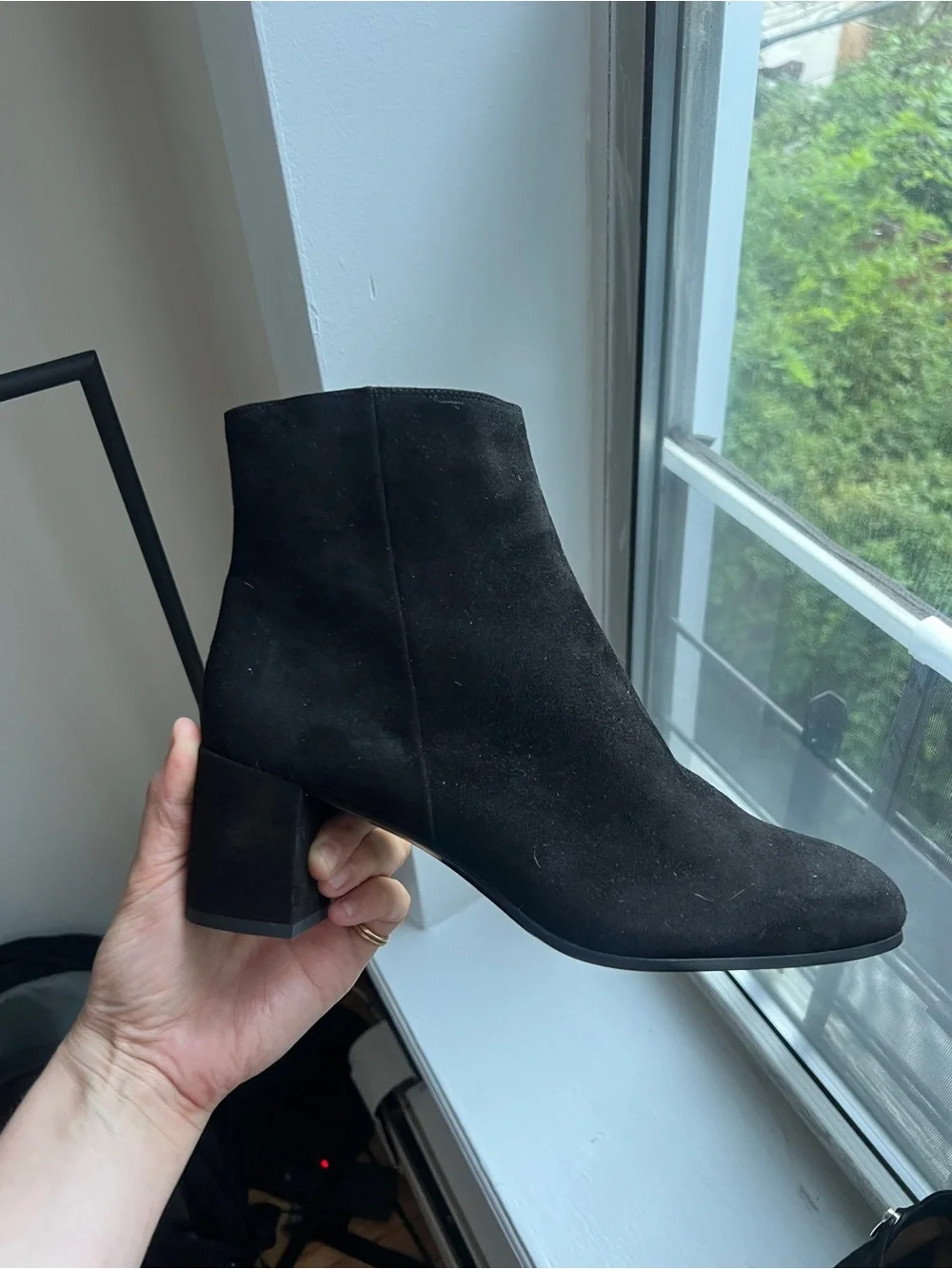Margaux’s Classic Black Suede Ankle Boot with Block Heel